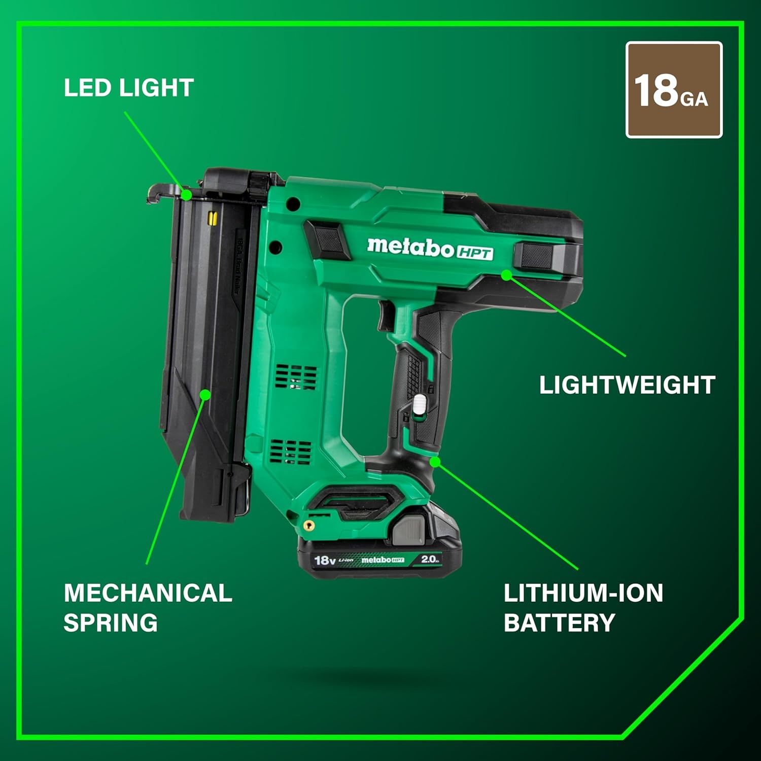 Metabo HPT 18V MultiVolt Compact Cordless Brad Nailer Kit, 18 Gauge Nailer with Power Tool 2.0Ah Lithium Ion Battery, Drives 5/8″ to 2″ Brad Nails, 700 per Charge, NT1850DG(NT1850DG Only)