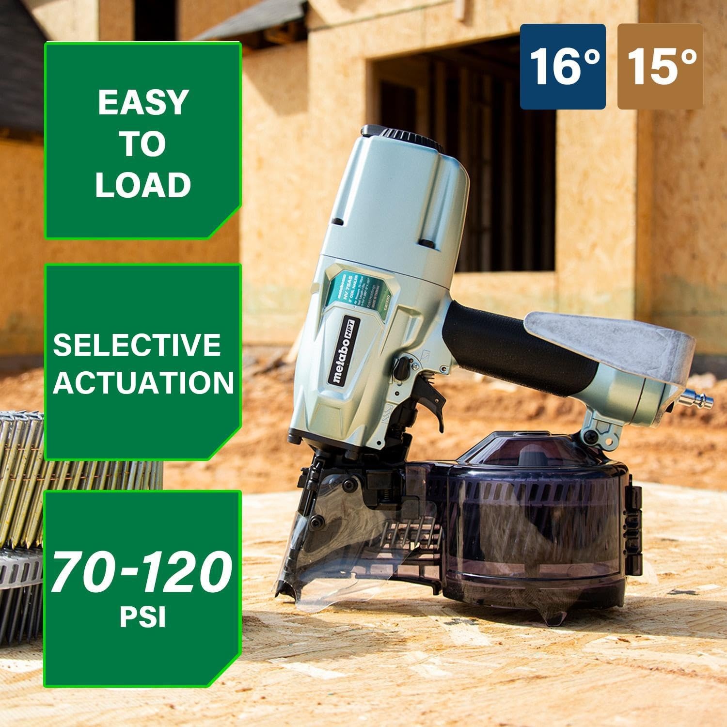 Metabo HPT Siding/Light Framing Coil Nailer, Pro-Preferred Pneumatic Power Nailers for Versatile Siding and Framing Tasks, Tool For 16° Wire 1-3/4″-3″ and 15° Plastic to 1-3/4″ – 2/14″ Nails, NV75A5(Siding Nailer Only)