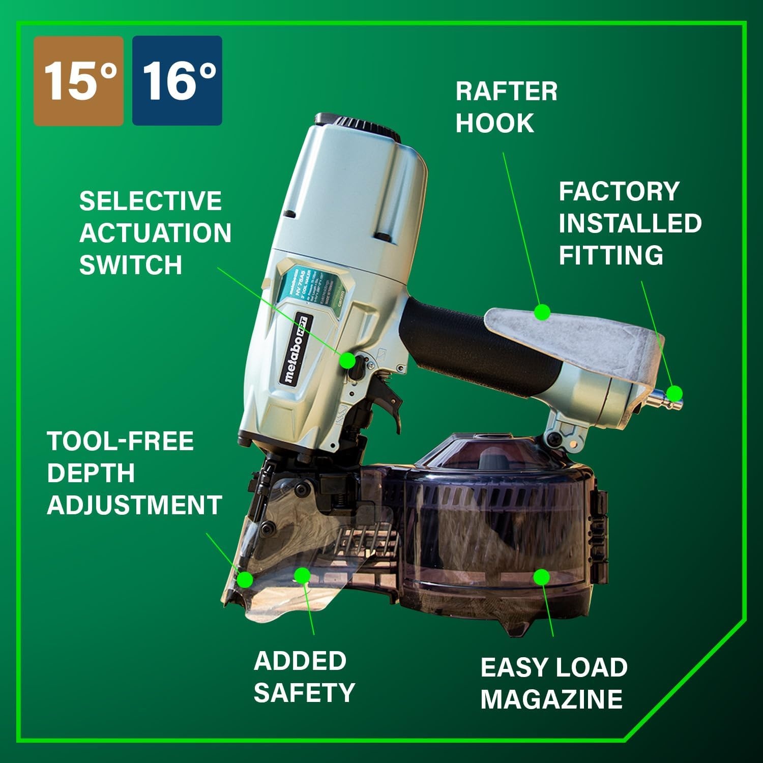 Metabo HPT Siding/Light Framing Coil Nailer, Pro-Preferred Pneumatic Power Nailers for Versatile Siding and Framing Tasks, Tool For 16° Wire 1-3/4″-3″ and 15° Plastic to 1-3/4″ – 2/14″ Nails, NV75A5(Siding Nailer Only)