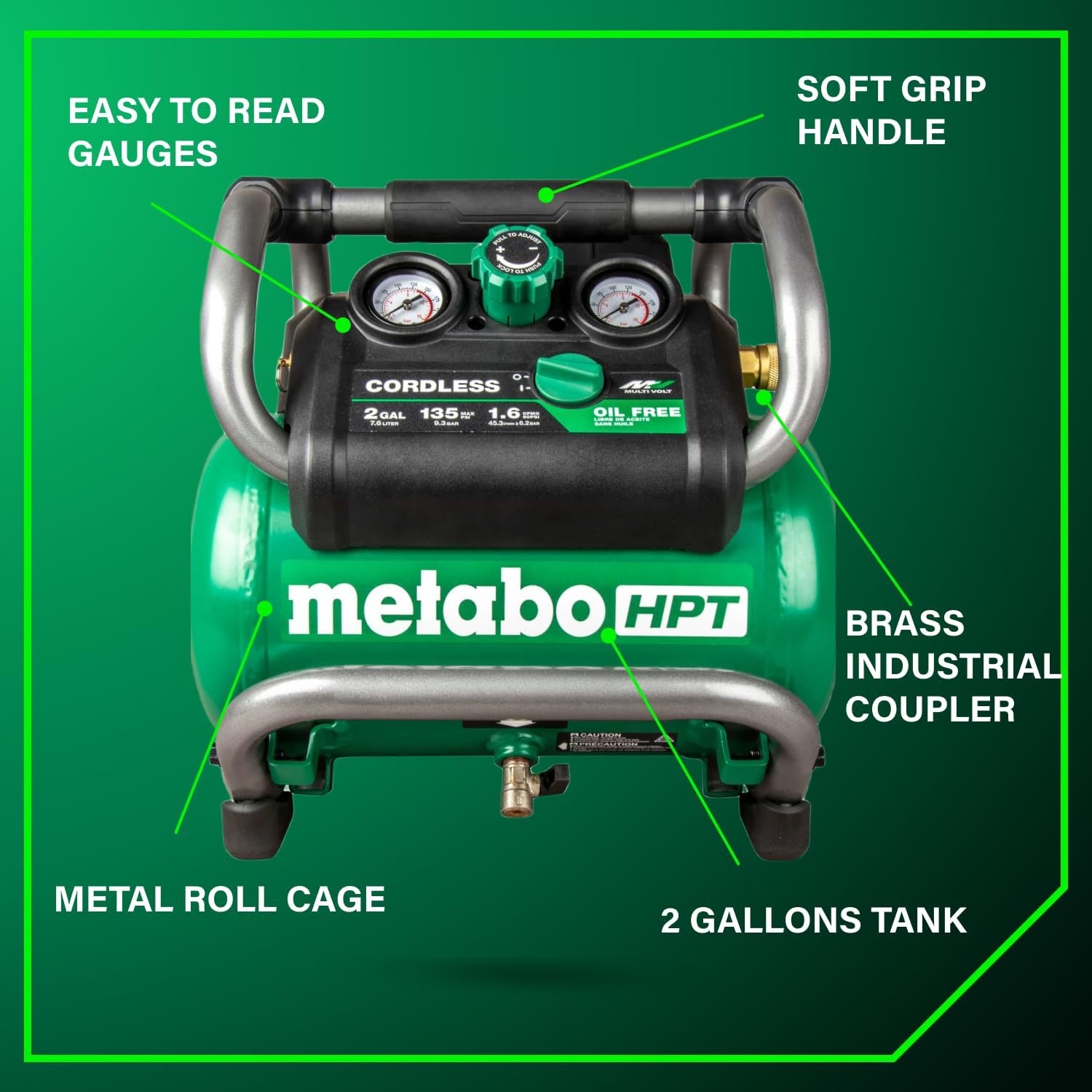 Metabo HPT 36V MultiVolt 2 Gallon Cordless Air Compressor, Portable and Versatile, Ideal for Pneumatic Finish Nailers and Tire Inflation, tool body only EC36DAQ4(36V MV Cordless Air Compressor (Tool Only))