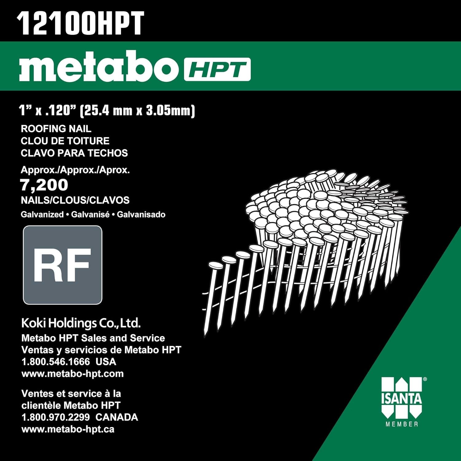 Metabo HPT Roofing Nails, 1″ x .120″, Wire Coil, Electro-Galvanized, Smooth Shank, Fits Hitachi Power Tools/Metabo HPT NV45AB2 Roofing Nailers, 7200 Count (12100HPT)