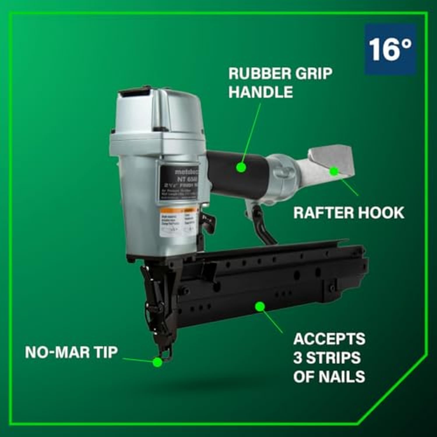 Metabo HPT Pro Finish Nailer, Pro-Preferred Pneumatic Power Nailers for Finish Applications, High Grade Aluminium Magazine, 16 Gauge, 1-1/2″ to 2-1/2″ Straight Nails, NT65A5