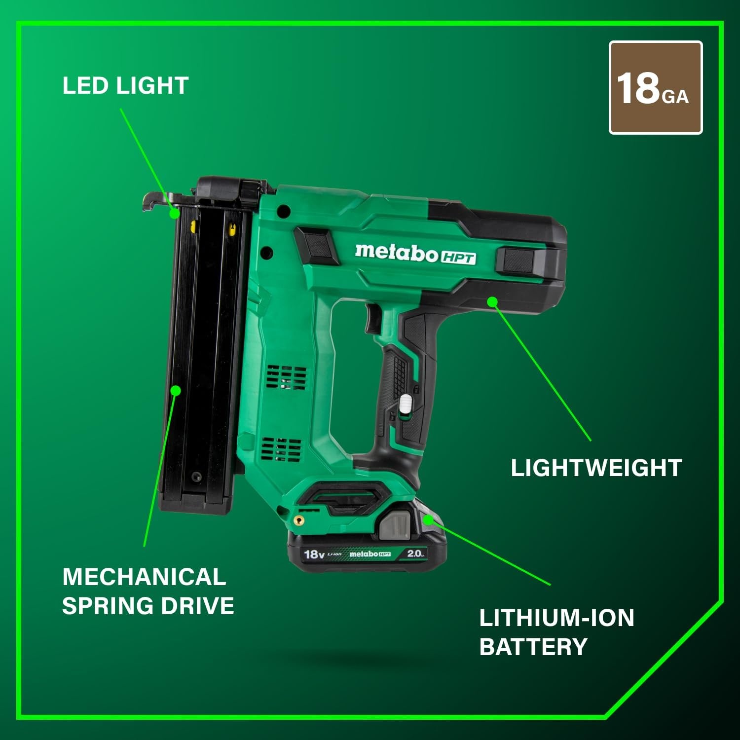 Metabo HPT 18V MultiVolt Cordless Narrow Crown Stapler Kit, 18 Gauge 1-1/2″ Stapler with Power Tool 2.0Ah Lithium Ion Battery, Drives 1/2″ to 1-1/2″ Staples, 5-Year Warranty, N1804DB