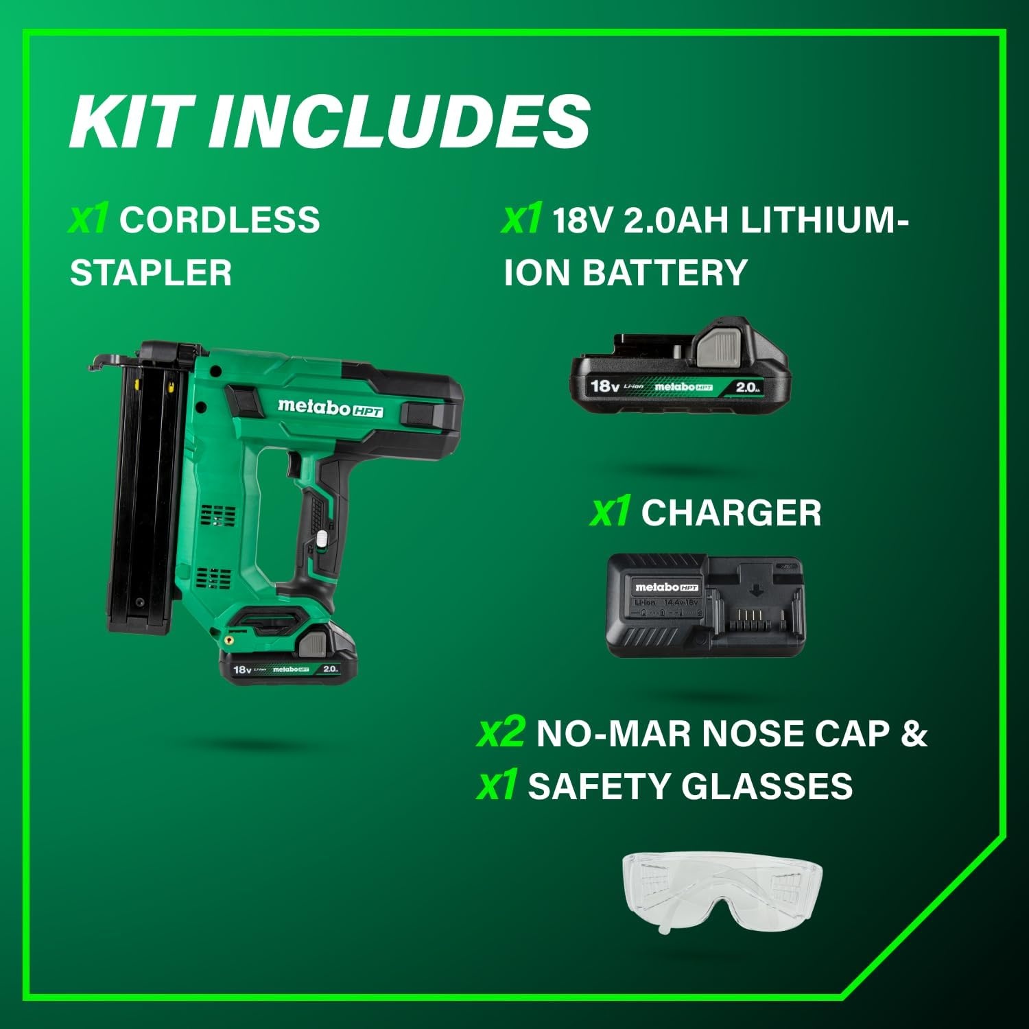 Metabo HPT 18V MultiVolt Cordless Narrow Crown Stapler Kit, 18 Gauge 1-1/2″ Stapler with Power Tool 2.0Ah Lithium Ion Battery, Drives 1/2″ to 1-1/2″ Staples, 5-Year Warranty, N1804DB