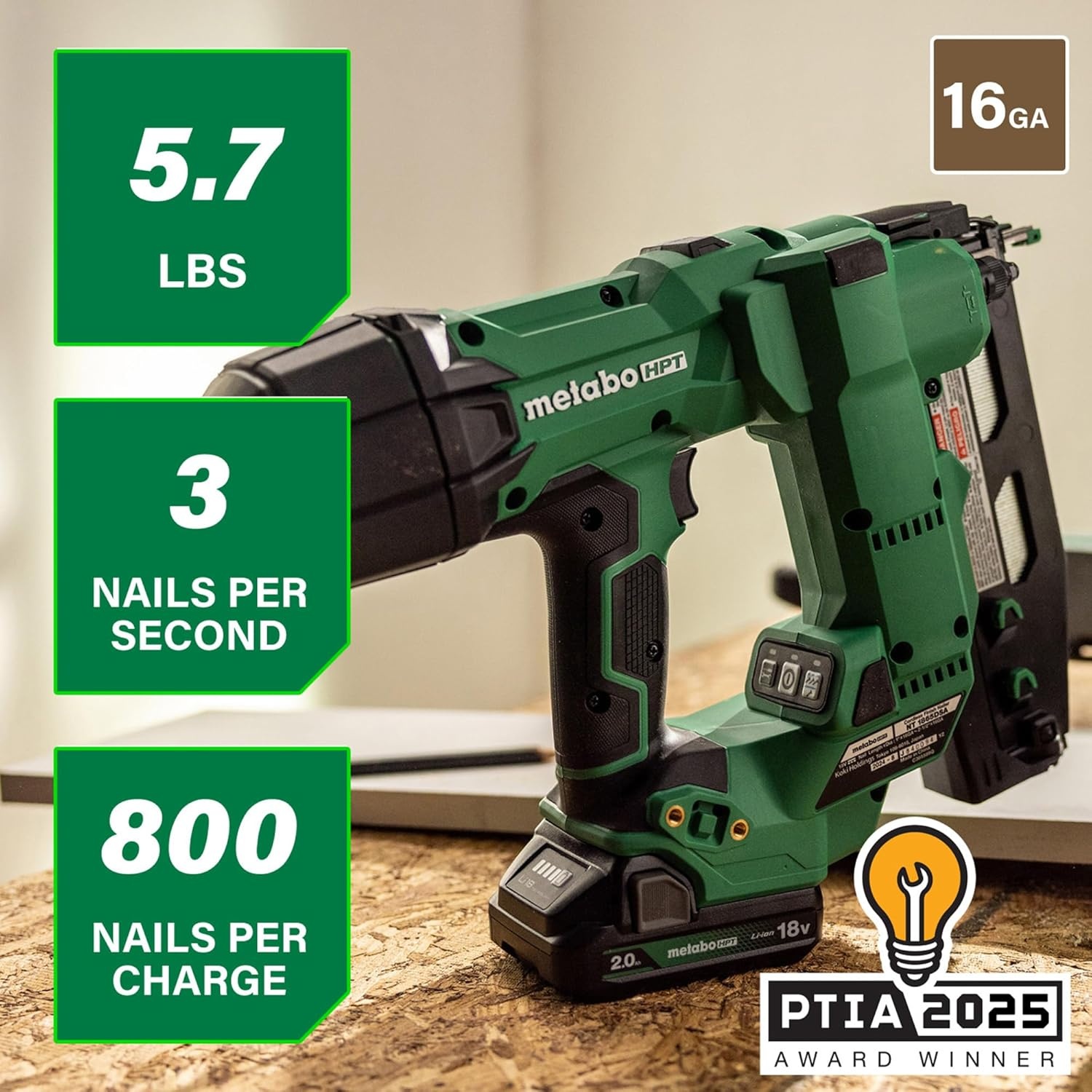 Metabo HPT 18V MultiVolt Brushless Pro 16-GA Straight Finish Nailer Kit, 16 Gauge Finish Nailer, Power Tool with 2.0Ah Lithium Ion Battery, 1″ to 2-1/2″ Nails, Powerful Brushless Motor, NT1865DSA(NT1865DSA – Lighter  Smaller  & More Powerful)