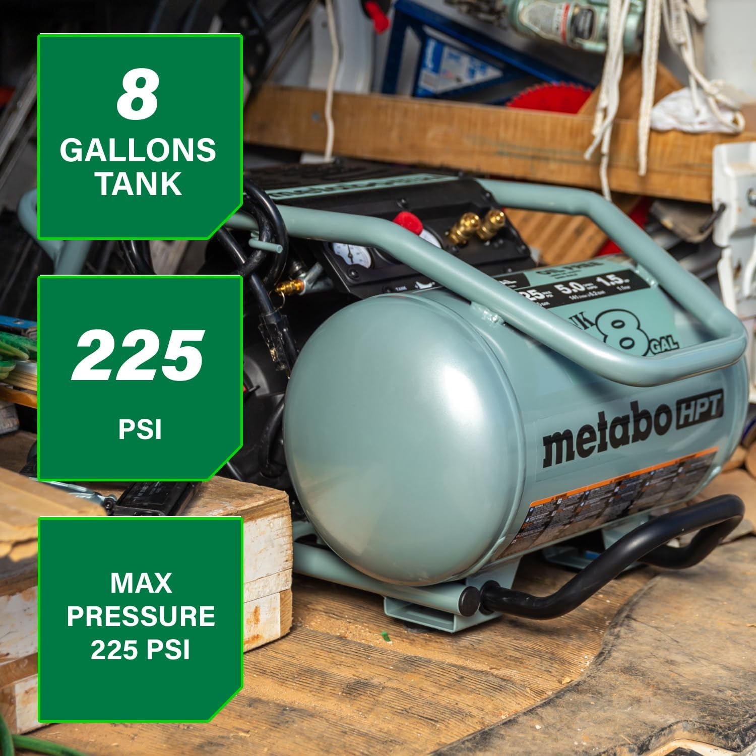 Metabo HPT Air Compressor, THE TANK, 8-Gallon Trolley Air Compressor, 225 PSI, Versatile for Use with Framing, Siding, Finish, or Roofing Nailers, Easy Mobility with Rubber Tires, EC1315S(THE TANK™ 8-Gal)