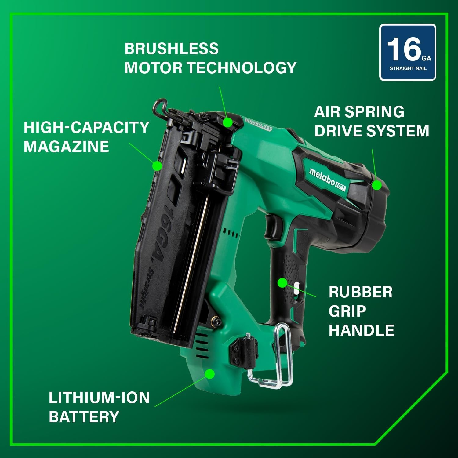 Metabo HPT 18V MultiVolt Brushless Pro 16-GA Straight Finish Nailer Kit, 16 Gauge Finish Nailer, Power Tool with 2.0Ah Lithium Ion Battery, 1″ to 2-1/2″ Nails, Powerful Brushless Motor, NT1865DSA(NT1865DMST)