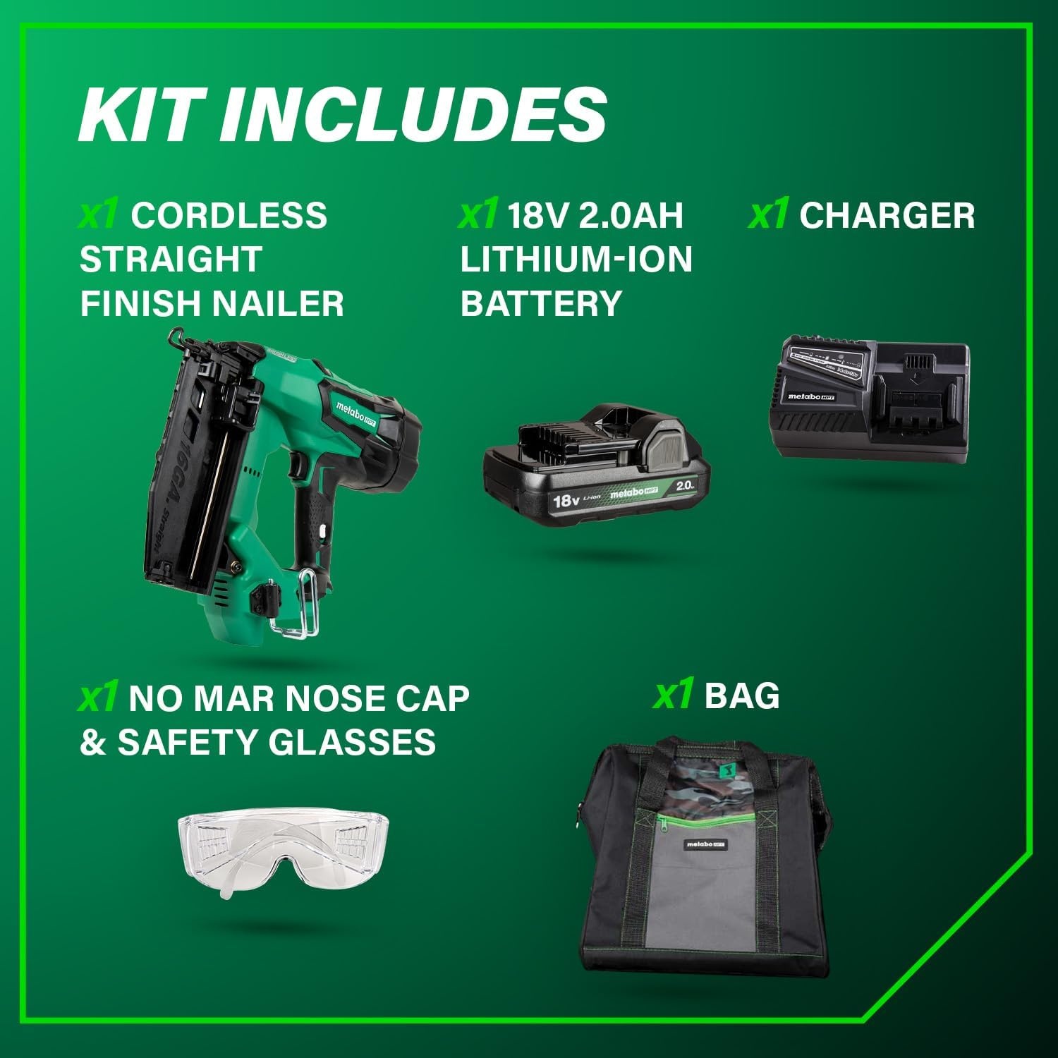 Metabo HPT 18V MultiVolt Brushless Pro 16-GA Straight Finish Nailer Kit, 16 Gauge Finish Nailer, Power Tool with 2.0Ah Lithium Ion Battery, 1″ to 2-1/2″ Nails, Powerful Brushless Motor, NT1865DSA(NT1865DMST)
