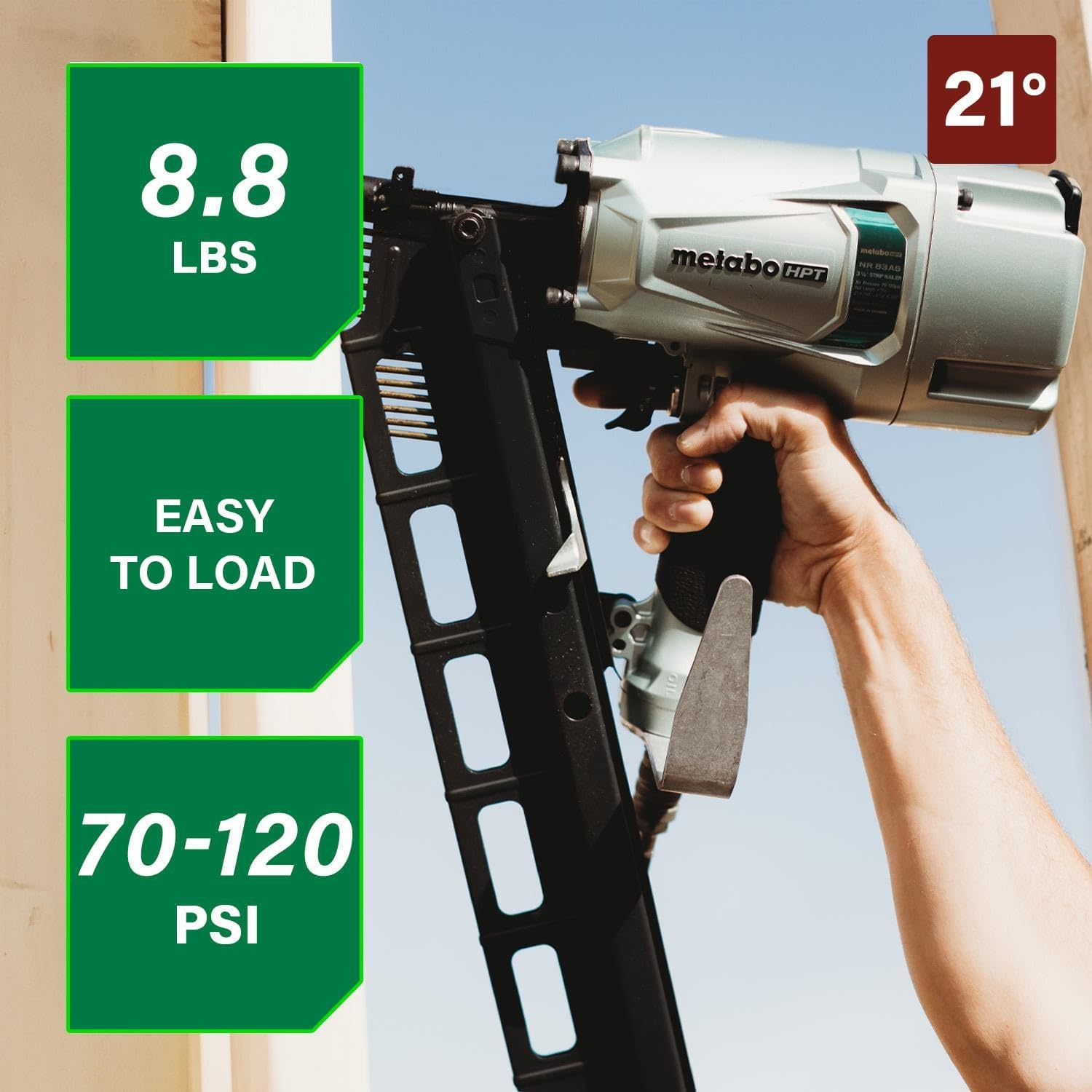 Metabo HPT Framing Nailer, Pro-Preferred Pneumatic Power Nailer & Framing Tool For Flooring, Roof Decking & More, Rapid Response Cylinder Valve, 21° 2″ to 3-1/4″ Plastic Collated Nails, NR83A5(S)(NR83A5(S) Only)