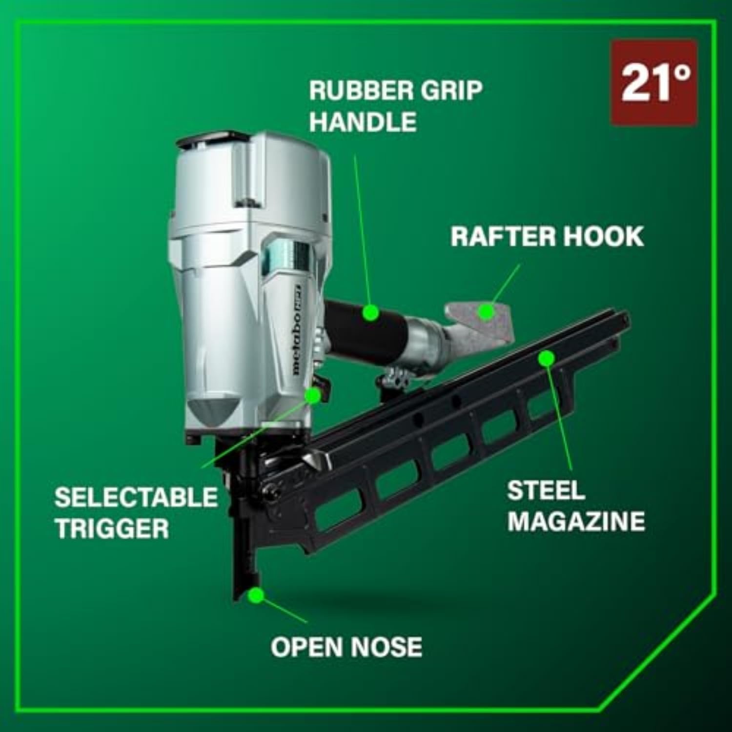 Metabo HPT Framing Nailer, Pro-Preferred Pneumatic Power Nailer & Framing Tool For Flooring, Roof Decking & More, Rapid Response Cylinder Valve, 21° 2″ to 3-1/4″ Plastic Collated Nails, NR83A5(S)(NR83A5(S) Only)