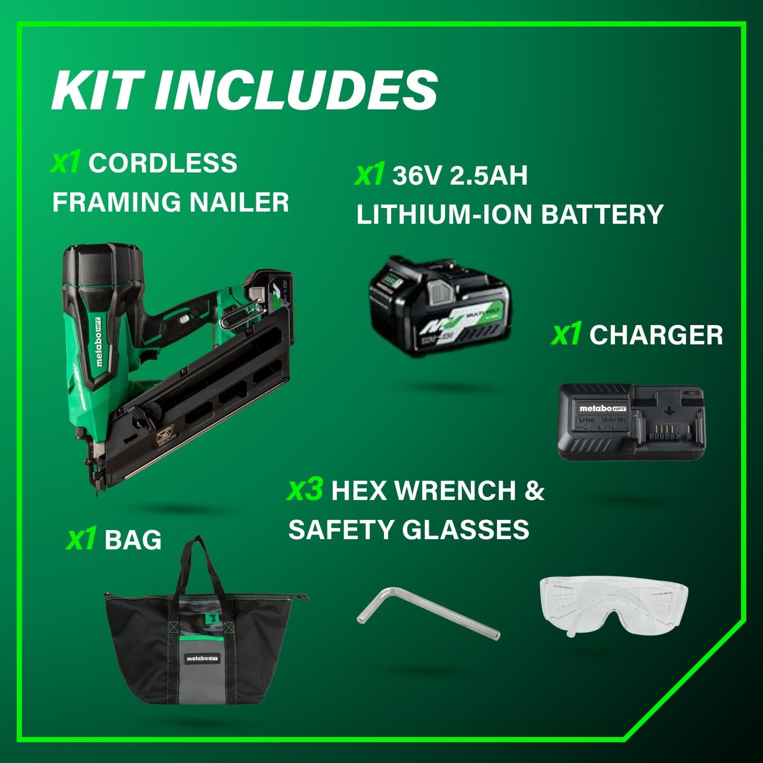 Metabo HPT 36V MultiVolt Cordless Paper Strip Framing Nailer, 3-1/2 Inch Framing Nailer with Power Tool 2.5Ah Lithium Ion Battery, Drives 2″ to 3-1/2″ Nails, NR3690DC