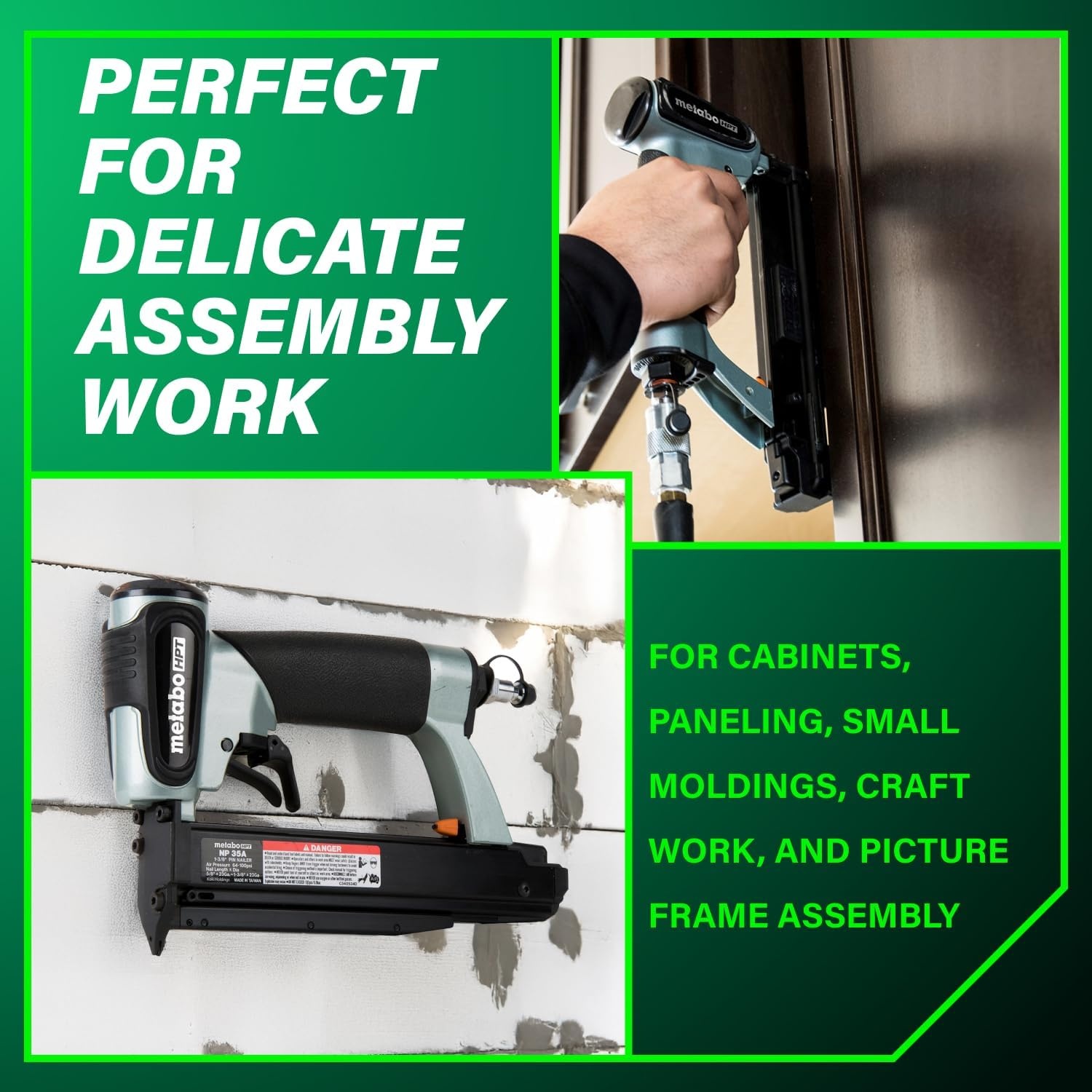 Metabo HPT Pin Nailer, Pro-Preferred Pneumatic Power Nailers for Cabinets, Trim, and Crafting, Makes Invisible Holes, Lightweight 2.0 lbs Tool, 23 Gauge, 5/8″ to 1-3/8″ Headless Micro Pins, NP35A(No Size)