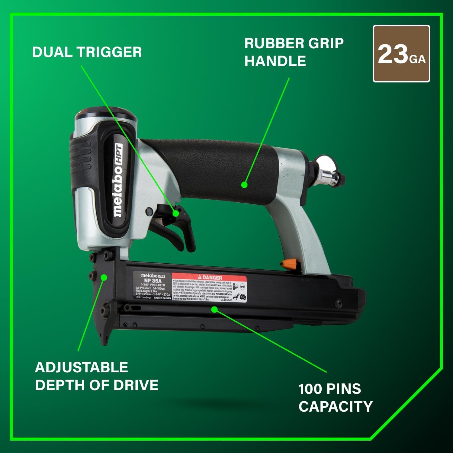 Metabo HPT Pin Nailer, Pro-Preferred Pneumatic Power Nailers for Cabinets, Trim, and Crafting, Makes Invisible Holes, Lightweight 2.0 lbs Tool, 23 Gauge, 5/8″ to 1-3/8″ Headless Micro Pins, NP35A(No Size)
