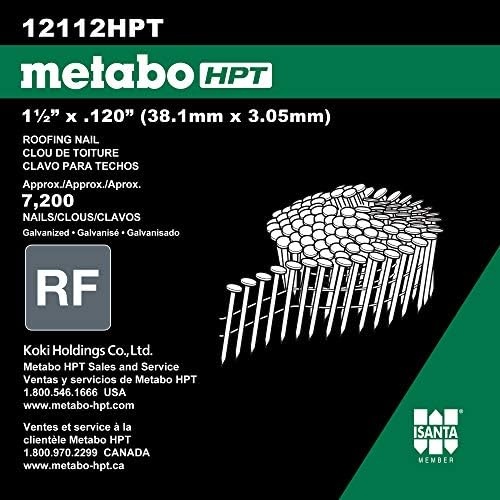 Metabo HPT 1-1/2 Inch Full Round Head Collated Roofing Nails | 7,200 Count | 12112HPT