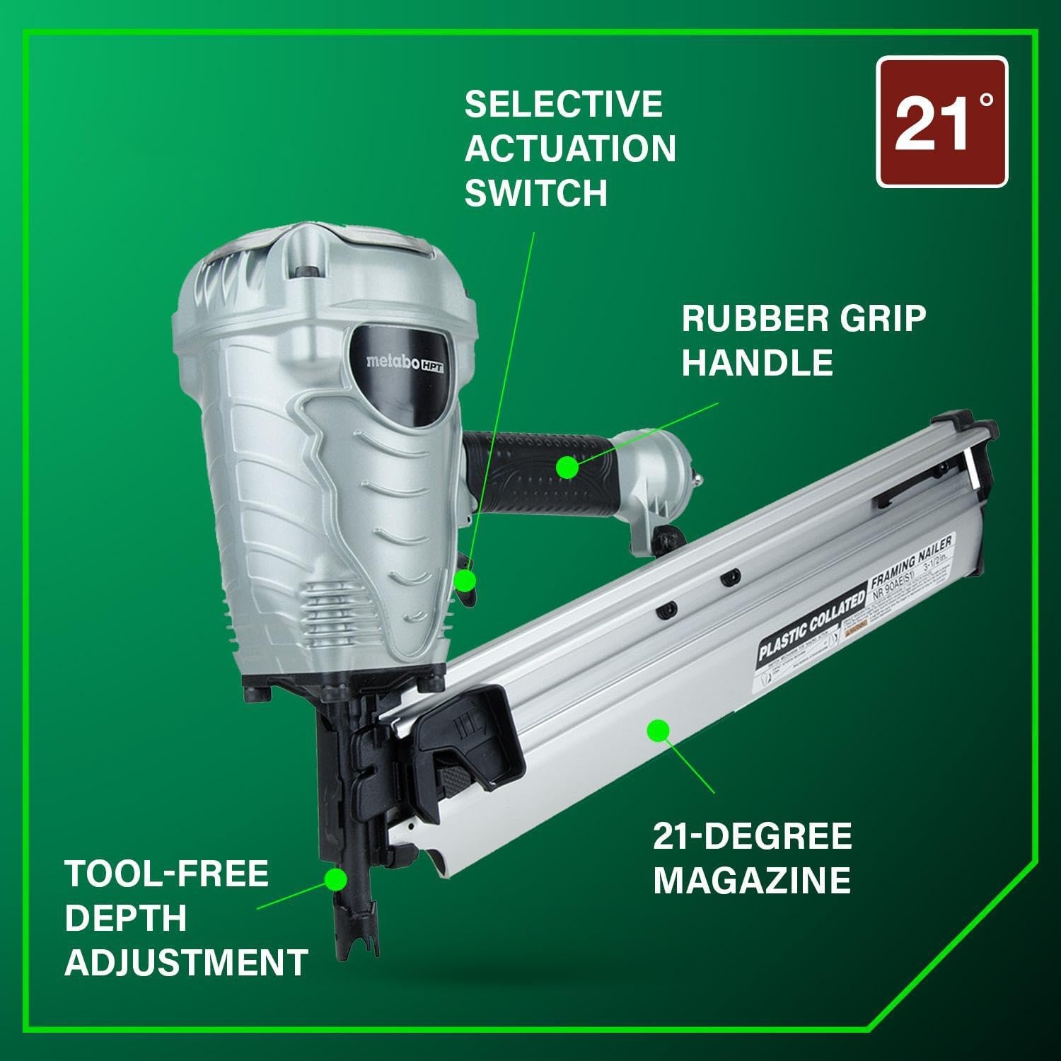 Metabo HPT Framing Nailer, Pro-Preferred Power Nailer for Flooring, Roof Decking, and More, Lightweight 7.5 lbs Framing Tool for 21° 2″ to 3-1/2″ Plastic Collated Nails, NR90AES1(NR90AES1 Only)