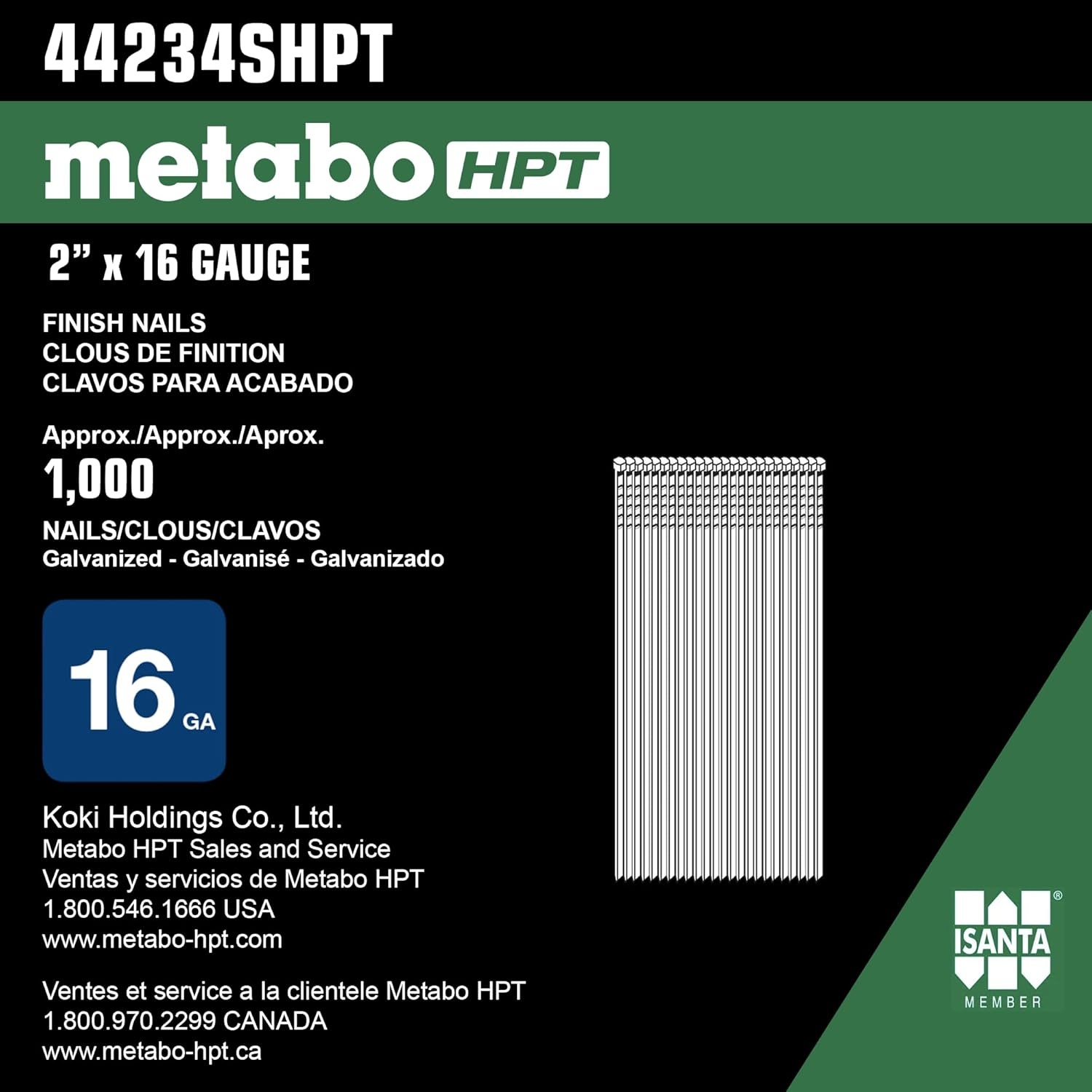 Metabo HPT Finish Nails | 2 Inch x 16 Gauge | Stainless Steel | 1000 Count | 44234SHPT(2″ x 16 GA SS)