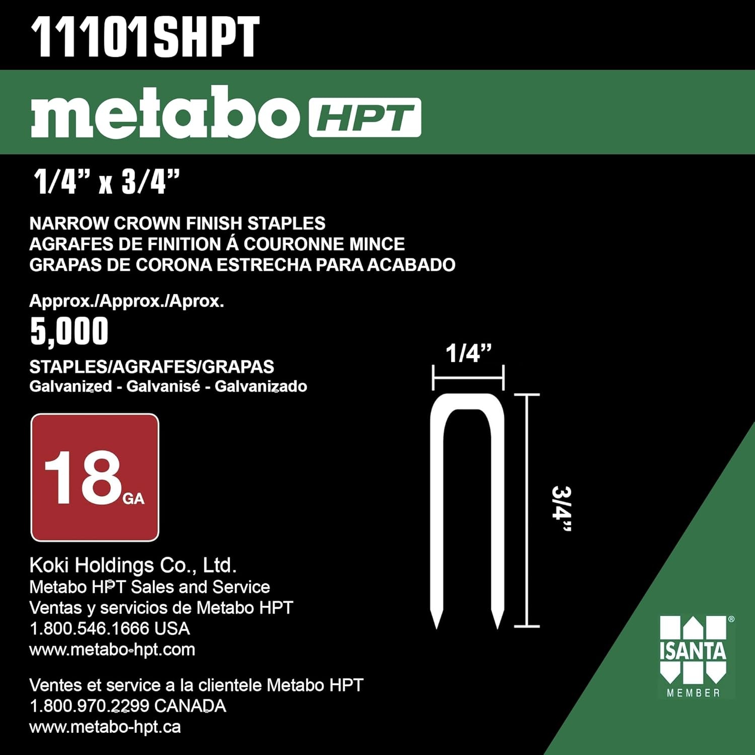 Metabo HPT Finish Staples, 1/4″ x 3/4″, 18 Gauge, Electro Galvanized, For N3804AB3, 5000 Count (11101SHPT)(1/4 inch x 3/4 inch  18 gauge)