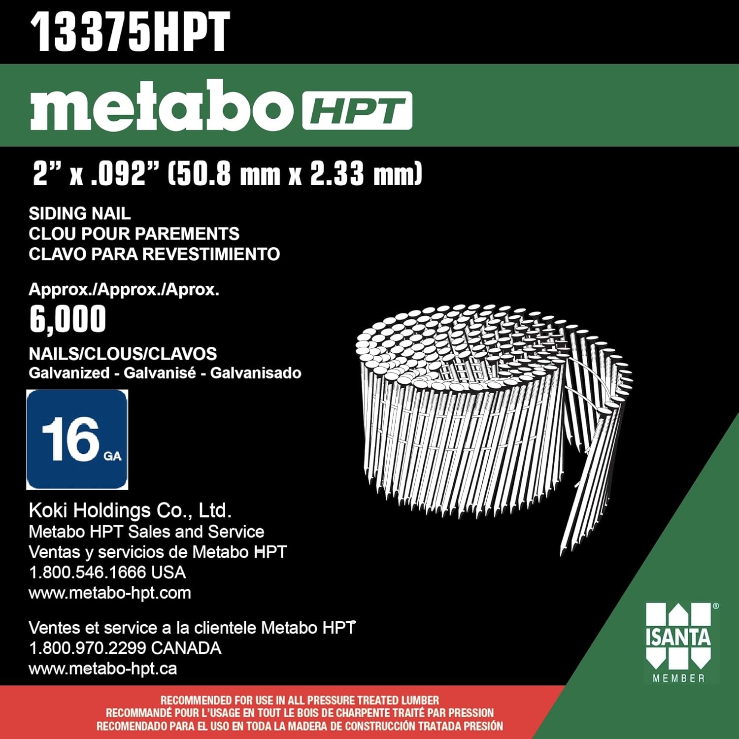 Metabo HPT 13375HPT Plastic Sheet Hot Dipped Galvanized Coil Fiber Cement Nails 2″ x .092 SM | 6000 Count