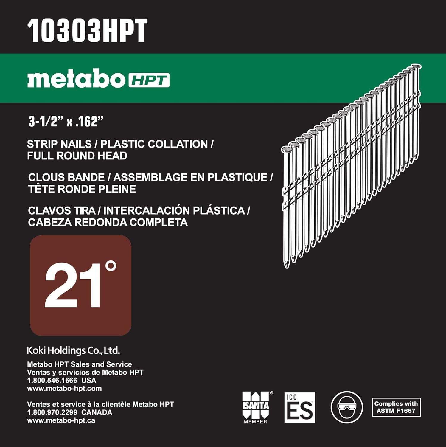 Metabo HPT 10303HPT 3-1/2-Inch x 0.162-Inch Full Round-Head Hot-Dipped Galvanized Plastic Strip Framing Nails | 3000 Count