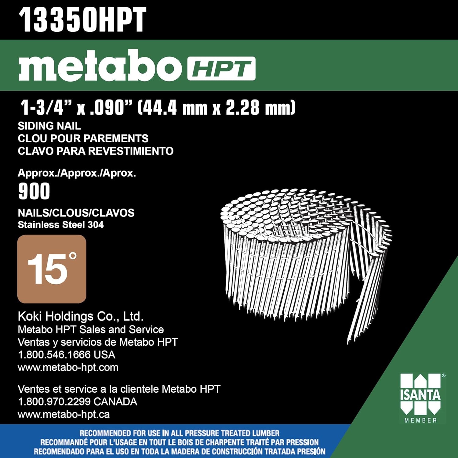 Metabo HPT Siding Nails | 1-3/4 Inch x .090 | 304 Stainless Steel | Wire Coil | Ring Shank | 900 Count | 13350HPT
