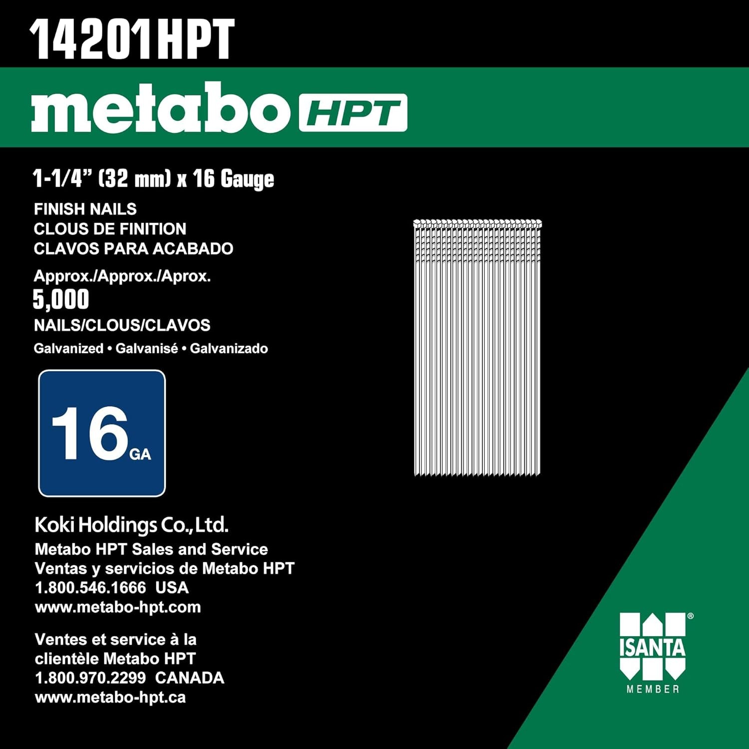 Metabo HPT Finish Nails | 1 Inch x 16 Gauge | Electro Galvanized | 5000 Count | 14200HPT(1-1/4″ x 16 GA EG)