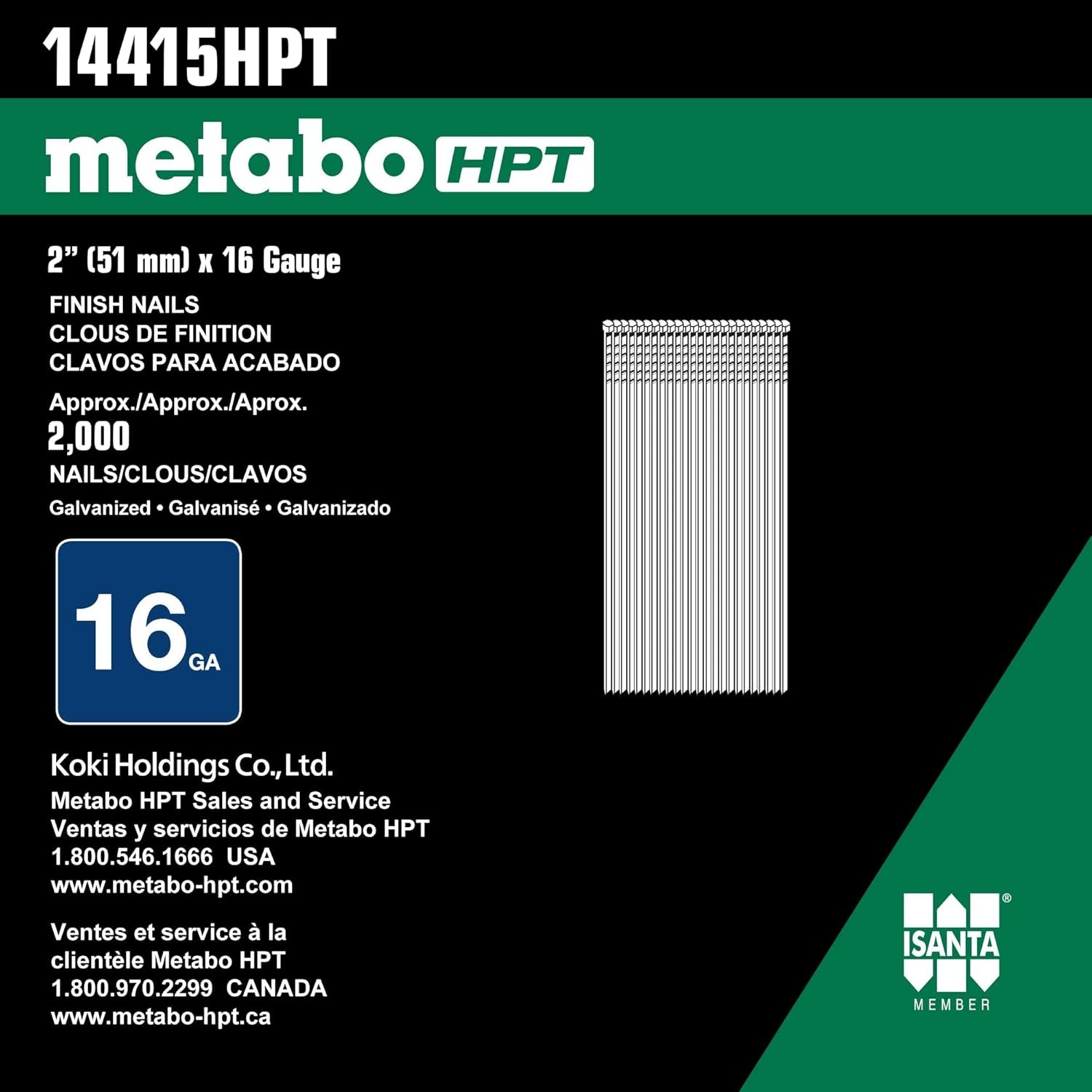 Metabo HPT Angled Finish Nails | 2 Inch | 16 Gauge | Galvanized | 2000 Count | 14415HPT(2000 Count (Pack of 2))
