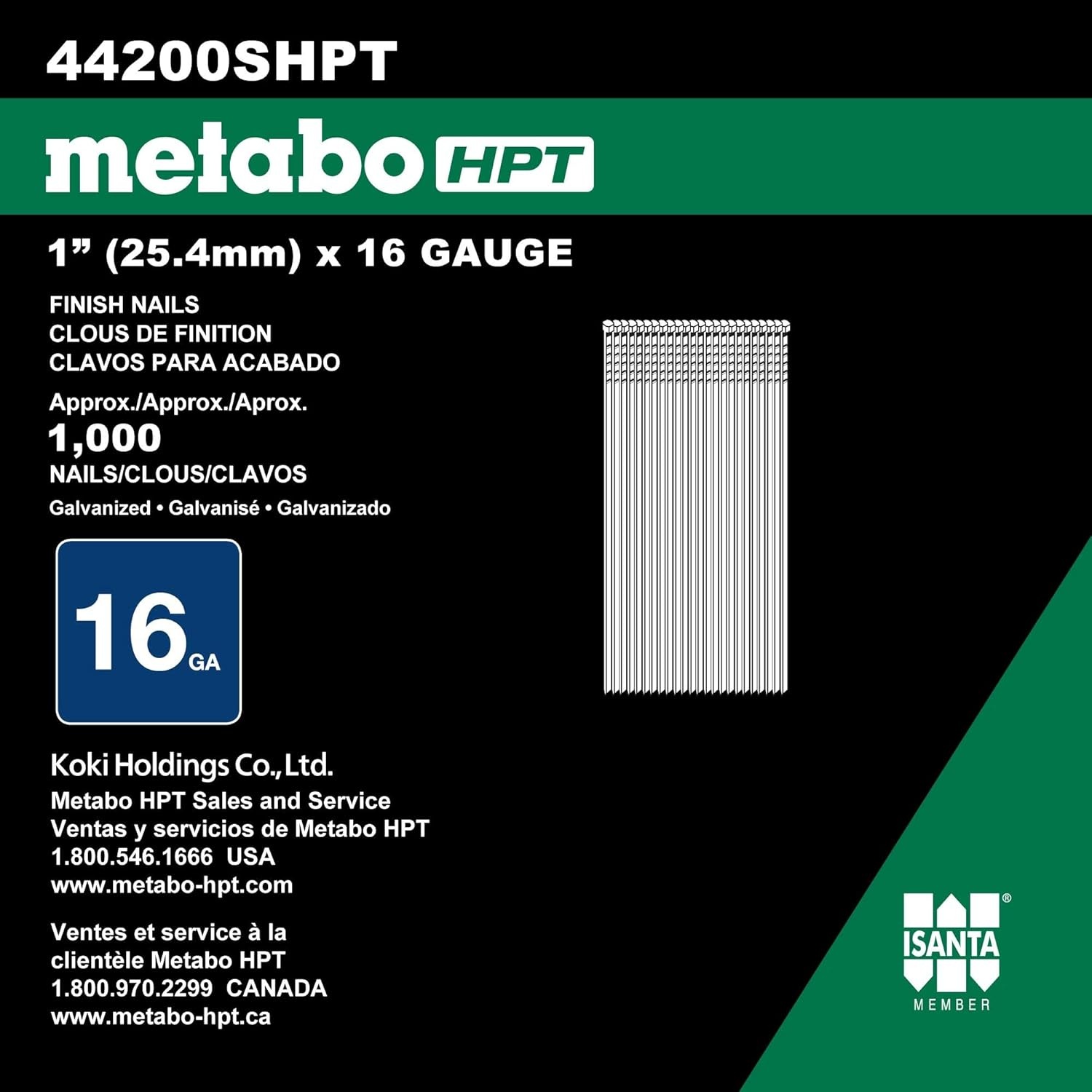 Metabo HPT 44200SHPT 1″ x 16 Gauge Electro Galvanized Finish Nails For NT65M2S | NT65GSP9 | NT1865DM | 1000 Count(1″x 16 GA EG)