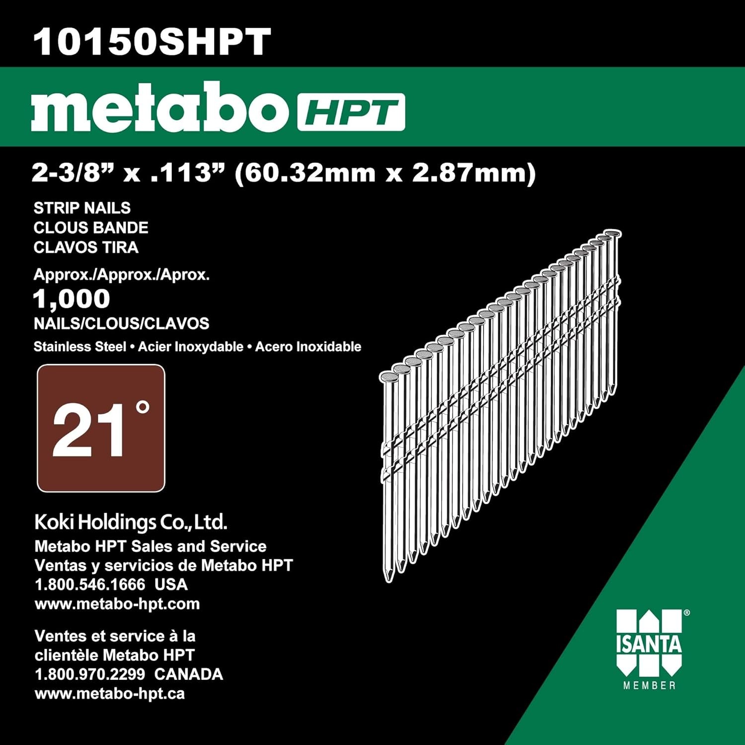 Metabo HPT 10150SHPT 2-3/8″ x .113 Plastic Strip Stainless Steel Framing Nails | 1000 Count