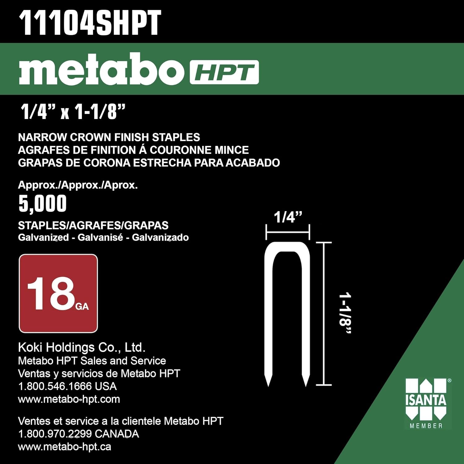 Metabo HPT Finish Staples, 1/4″ x 1-1/8″, 18 Gauge, Electro Galvanized, For N3804AB3, 5000 Count (11104SHPT)