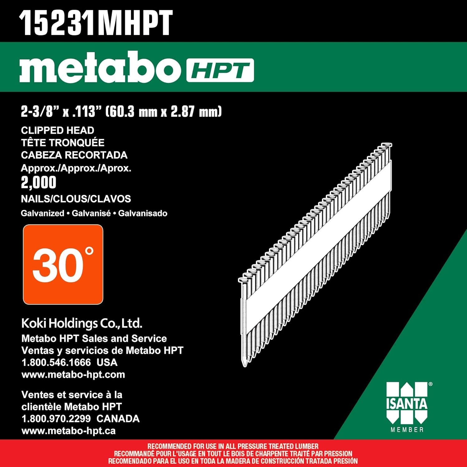 Metabo HPT 15231MHPT Offset Round Head 2-3/8-Inch x .113 x 33 Degree Hot Dipped Galvanized Ring Shank Paper Tape Collated Framing Nails | 2000 Count