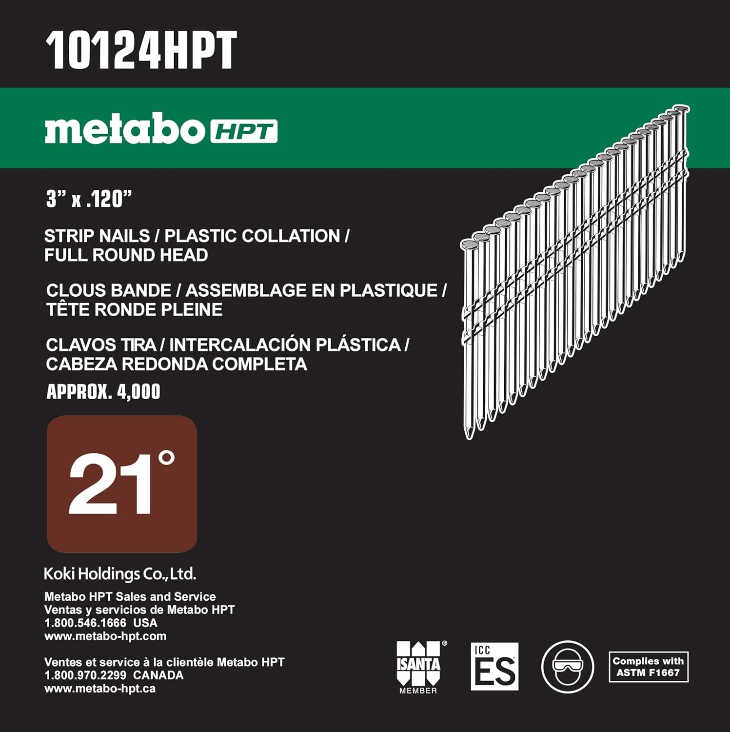 Metabo HPT 10124HPT 3″ x .120 SC Full Round Head Brite Basic Plastic Strip Framing Nails | 4000 Count