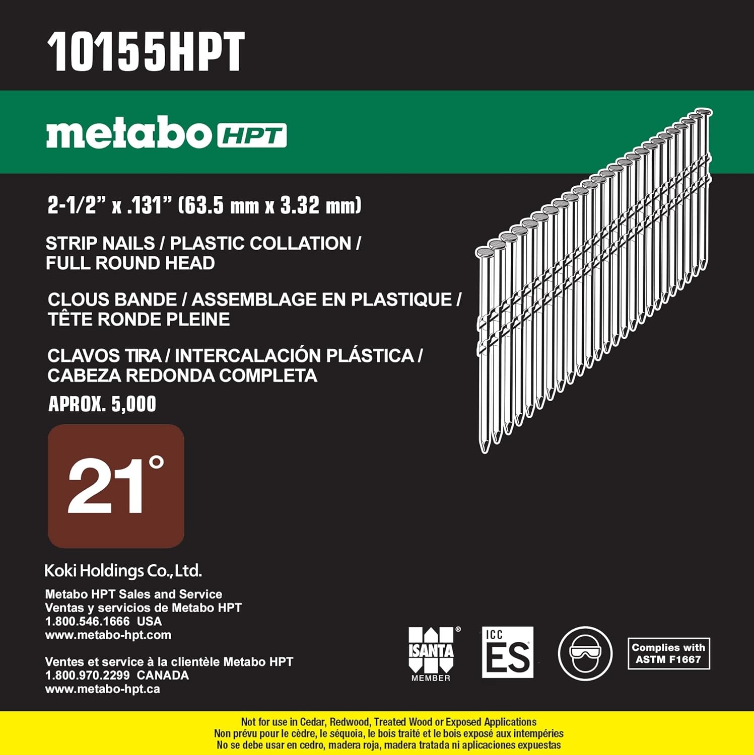 Metabo HPT Framing Nails | 2-1/2 In. x .131 | 21 Degree | Full Round Head | Smooth Shank | Plastic Strip | Electro Galvanized | 5,000 Count | 10155HPT