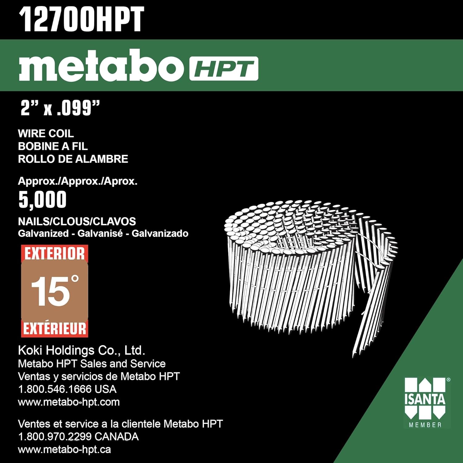 Metabo HPT 12700HPT Full Round Head Hot Dipped Galvanized Wire Coil Framing Nails 2″ x .099 Rg | 5000 Count
