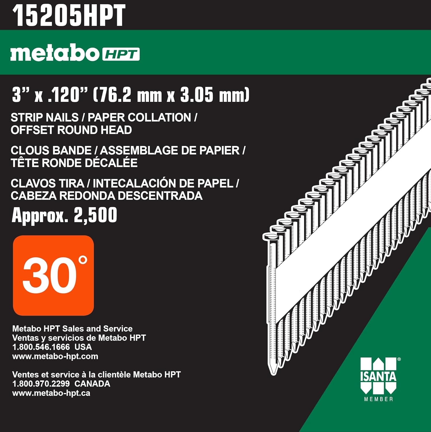 Metabo HPT 15205HPT Smooth Shank Bright Offset Round Head Paper Tape Framing Nails, 3 x 0.120″, 2500 Count
