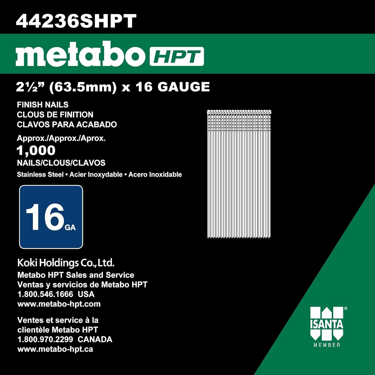 Metabo HPT Finish Nails | 2 Inch x 16 Gauge | Stainless Steel | 1000 Count | 44234SHPT(2-1/2″ x 16 GA SS)
