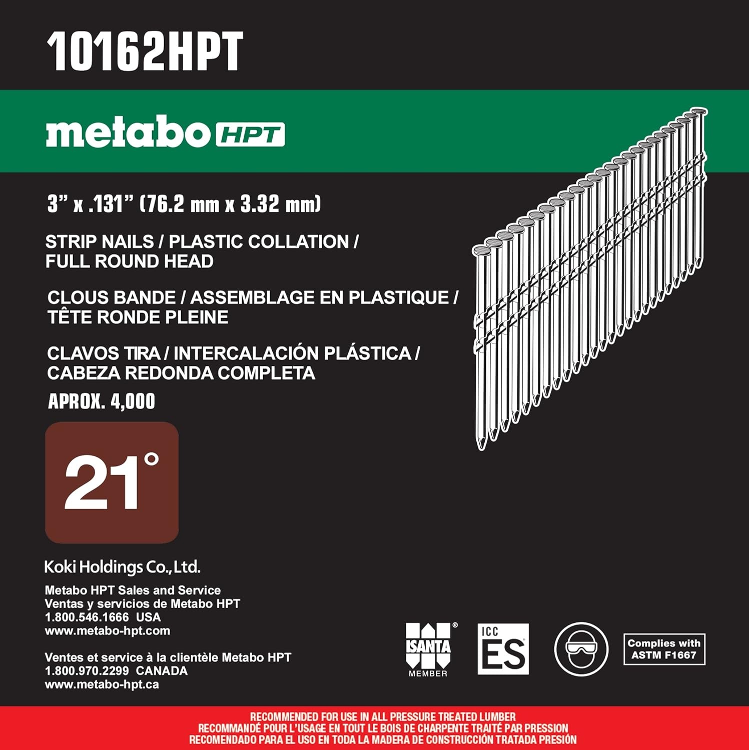 Metabo HPT Framing Nails | 3″ x .131 | 21 Degree | Full Round Head | Hot Dipped Galvanized | Smooth Shank | 4,000 Count | 10162HPT