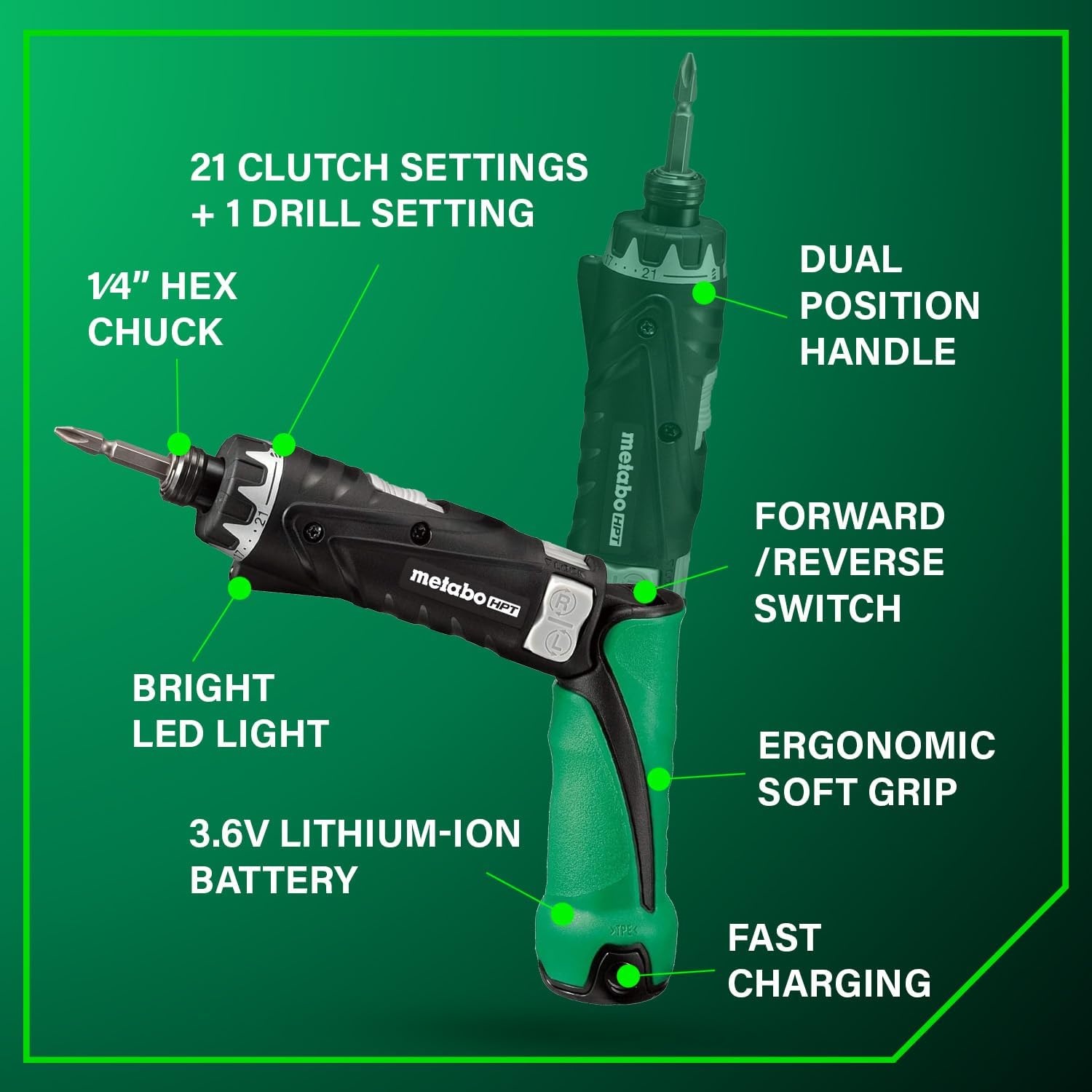 Metabo HPT 3.6V Lithium Ion Cordless Screwdriver Kit, Compact and Lightweight Power Screwdriver with 2 x 1.5Ah Batteries and Quick Charger, 21 + 1 Clutch Settings and Built-In LED Light, DB3DL2(DB3DL2 Only)
