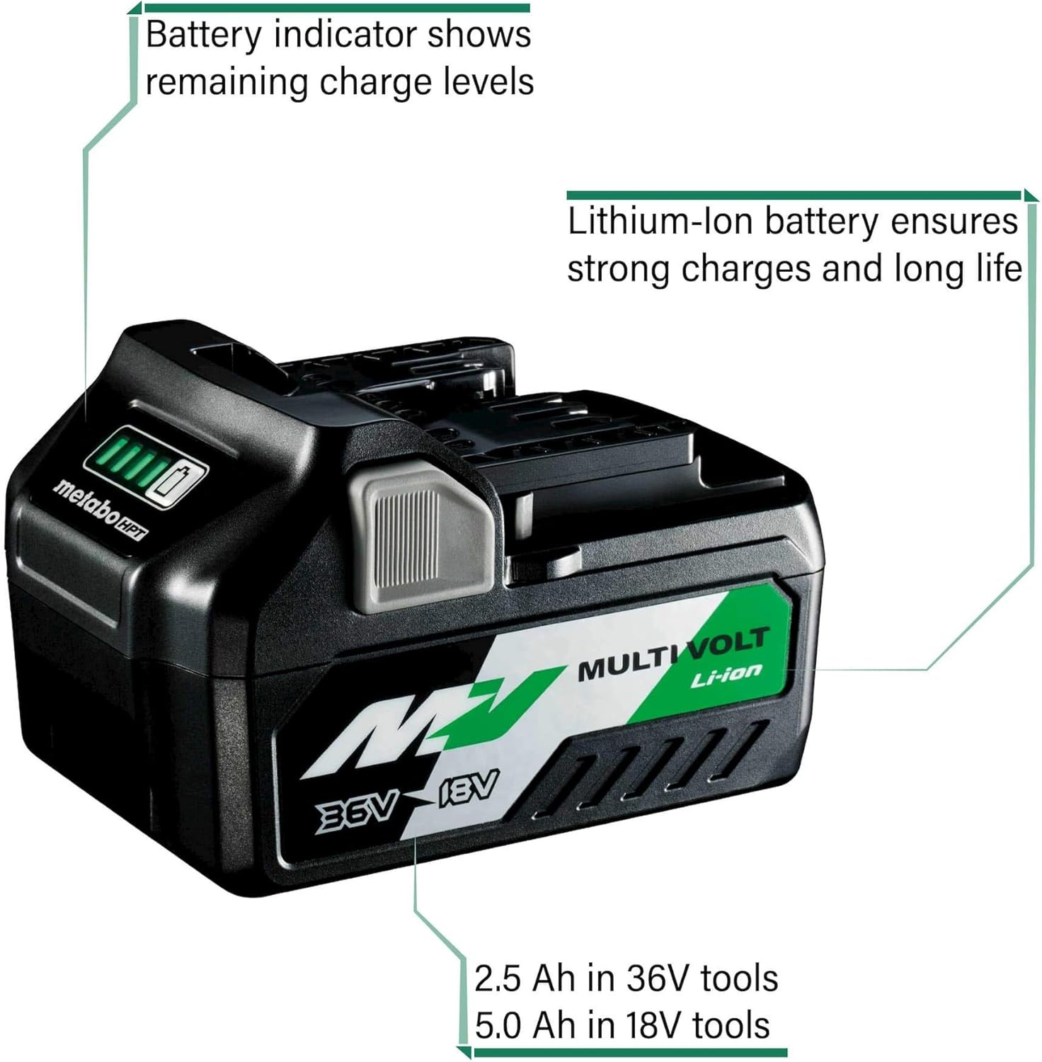 Metabo HPT MultiVolt Battery | 36V/18V, 2.5Ah/5.0Ah, Lithium Ion, Slide Style | 371751M(18V/36V MultiVolt™ Battery)