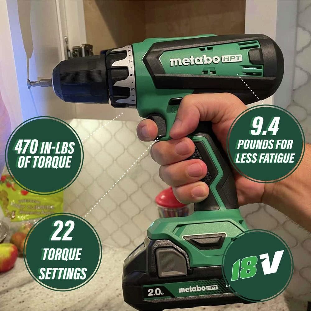 Metabo HPT 18V Cordless Drill Driver Kit, 1/2-Inch Keyless Chuck, Compact Power Drill Driver with 2.0Ah Lithium-Ion Metabo Battery, Charger and Bag, Powerful 470 in-lbs Torque, Two Speed Gear, DS18DFX(DS18DFX Only)