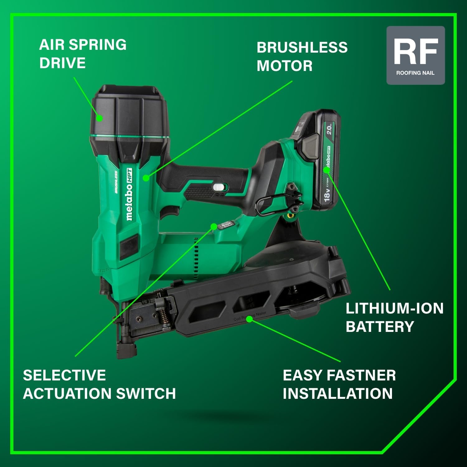 Metabo HPT 18V MultiVolt Brushless Cordless Coil Roofing Nailer Kit, 1-3/4″ Coil Roofing Nailer with Power Tool 2.0Ah Lithium Ion Battery, Drives 7/8″ to 1-3/4″ Nails, NV1845DA(NV1845DA)