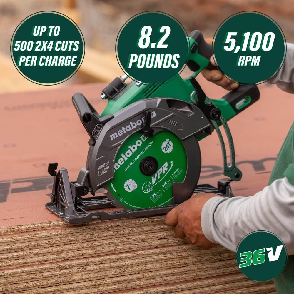 Metabo HPT 36V MultiVolt 7-1/4 Inch Rear Handle Circular Saw, Tool Only – No Battery, Lightest Weight in Its Class, 53° Bevel Capacity, High-Capacity Cutting, C3607DWAQ4(36V MV Rear Handle Circular Saw (Tool Only))