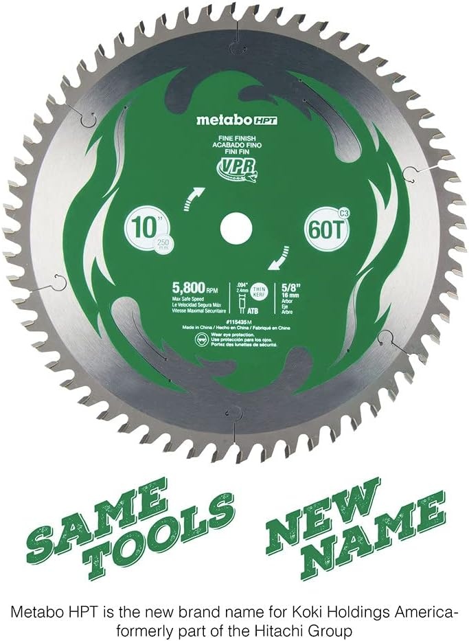 Metabo HPT 10-Inch Miter Saw/Table Saw Blade, 60T, Fine Finish, 5/8″ Arbor, Large Micrograin Carbide Teeth, 5800 Max RPM, 115435M