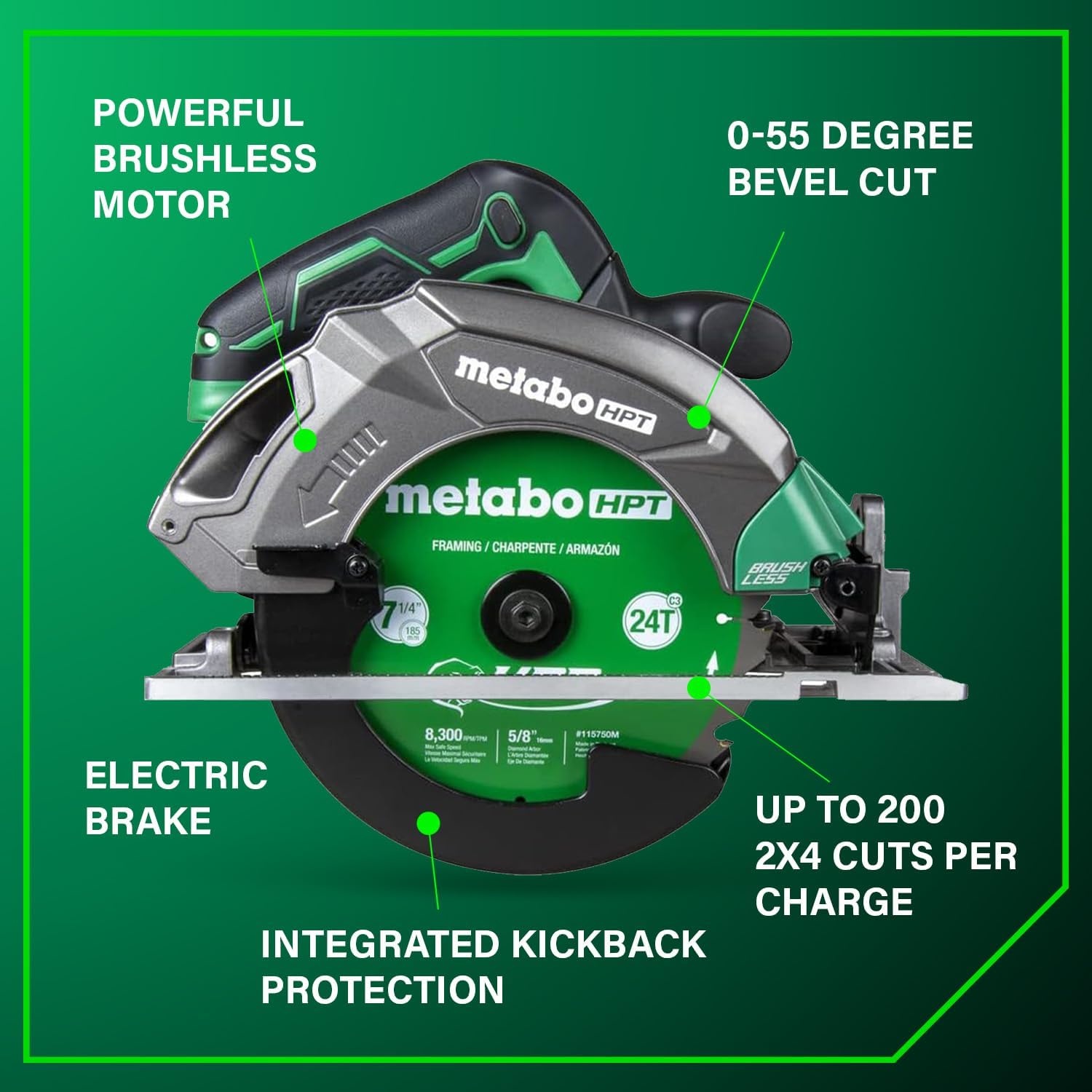 Metabo HPT 18V MultiVolt 7-1/4 Inch Cordless Circular Saw, High Torque, Lightweight Design, Up to 200 2×4 Cuts/Charge, Accepts 18V and 36V MultiVolt Metabo HPT Batteries, Tool Body Only, C1807DAQ4(C1807DAQ4 Only)