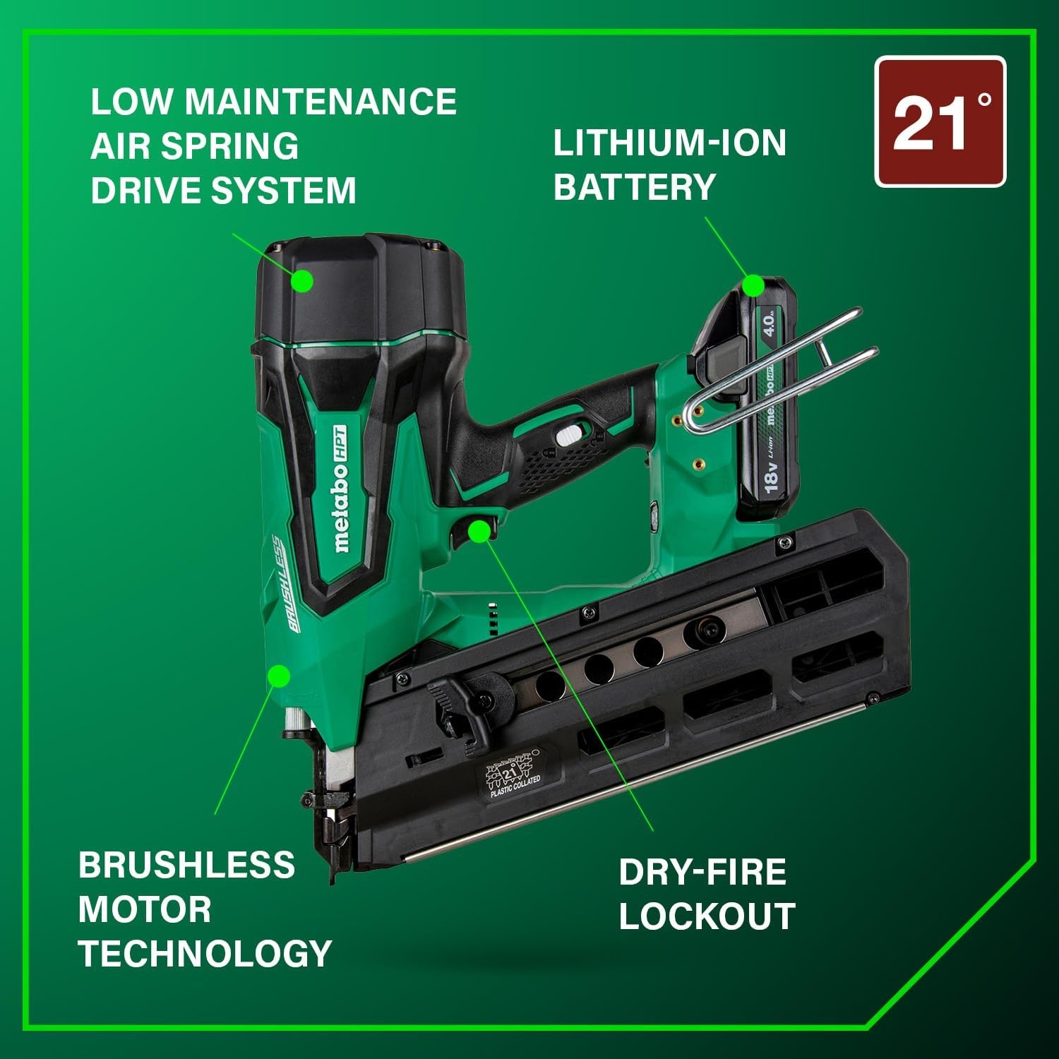 Metabo HPT 18V MultiVolt Cordless 21° Framing Nailer Kit, 3-1/2″ Plastic Strip Framing Cordless Nailer, Power Tool with 4.0Ah Lithium Ion Battery, Drives 2″ to 3-1/2″ Nails, NR1890DRA(NR1890DRST)