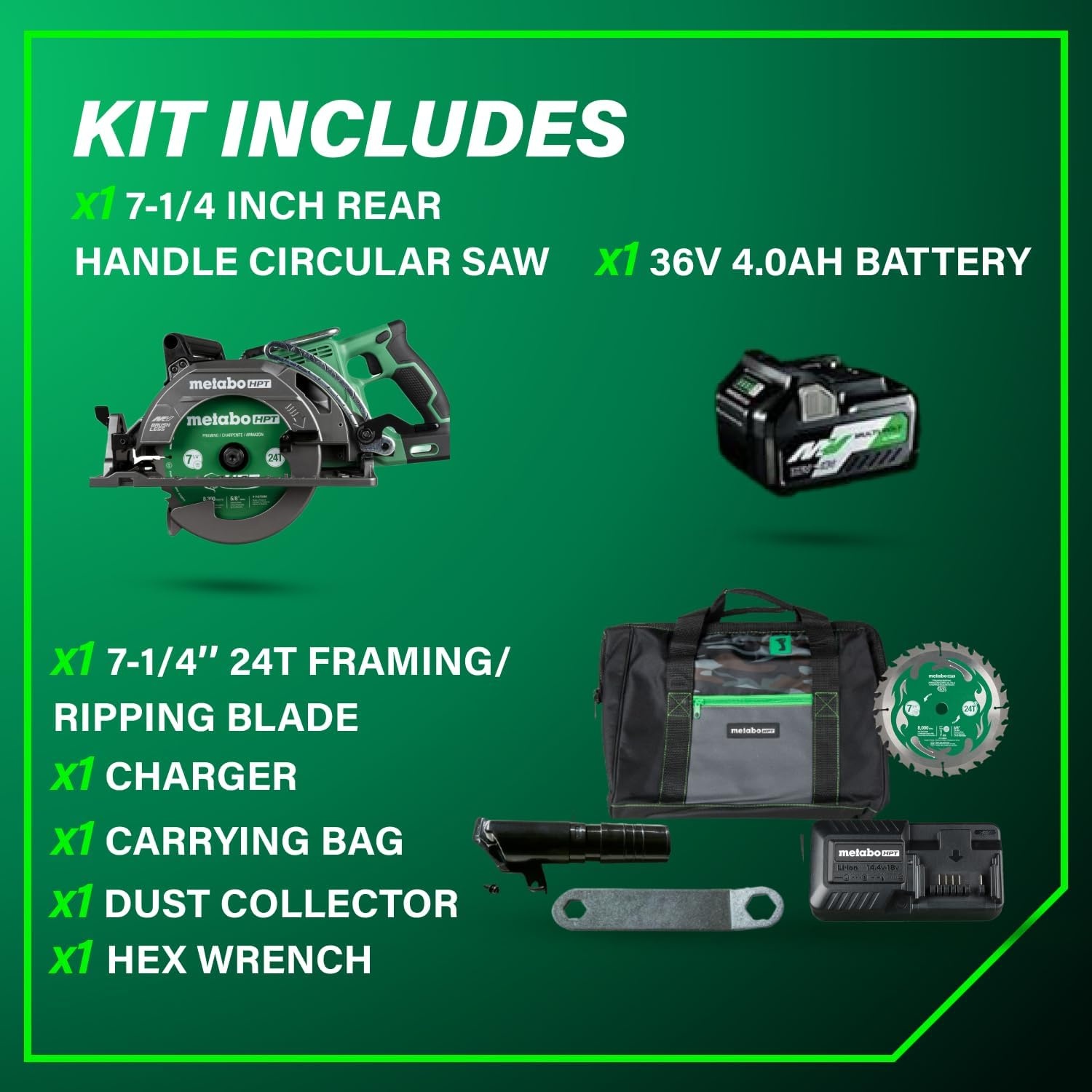 Metabo HPT 36V MultiVolt 7-1/4 Inch Rear Handle Circular Saw, Cordless Circular Saw with 36V Battery, Lightweight Design, 53° Bevel Capacity, Brushless Motor, Electric Brake, C3607DWA(36V MultiVolt™ Rear Handle Circular Saw Kit)