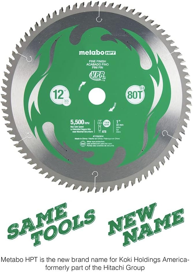 Metabo HPT 12-Inch Miter Saw Blade | 80T | Fine Finish | 1-Inch Arbor | Thin Kerf | 5500 Max RPM | 115436M