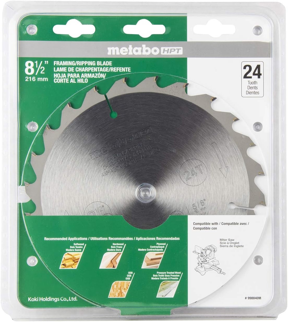 Metabo HPT Miter Saw Blade, 8-1/2-Inch, Framing/Ripping Blade, 24-Tooth, 5/8-Inch Arbor, Tungsten Carbide Tip (998840M)