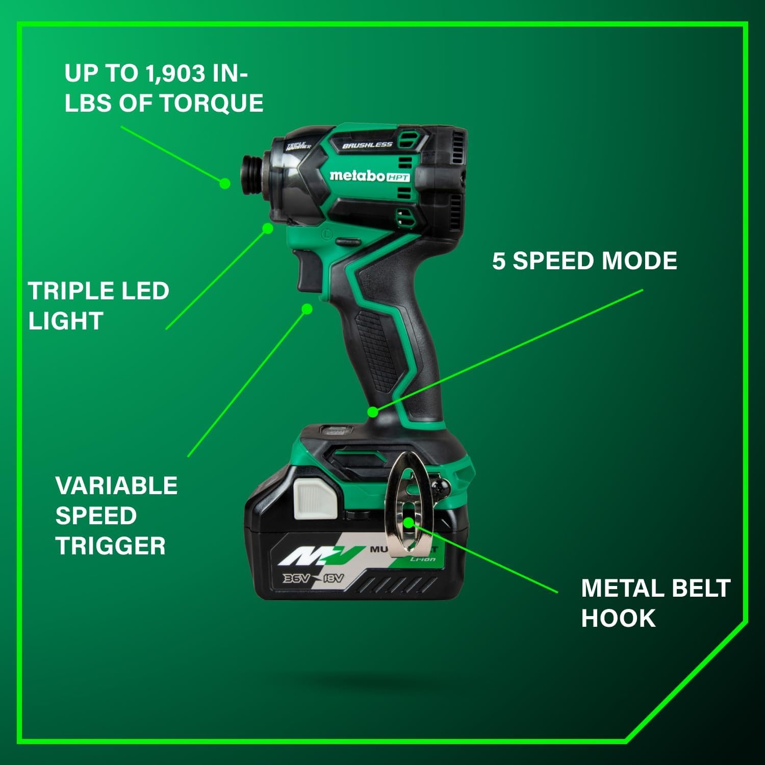 Metabo HPT 36V MultiVolt™ Cordless Triple Hammer BOLT Impact Driver Kit, High Torque Impact Driver with Case, 2 MultiVolt Batteries, 1/4-Inch Chuck, Compact Lightweight Power Tool, WH36DC(36V MV Triple Hammer BOLT Impact Driver Kit)
