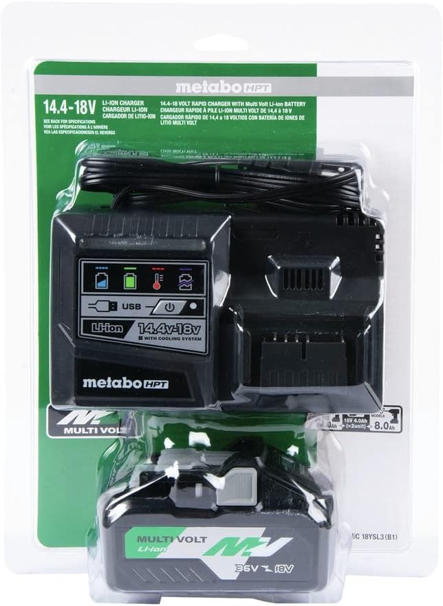 Metabo HPT MultiVolt Battery and Charger Starter Kit | 36V/18V | 4.0Ah/8.0Ah | Lithium Ion | Slide Style | Charger includes Built-in USB Port | UC18YSL3B1(MultiVolt Battery and Charger Starter Kit)