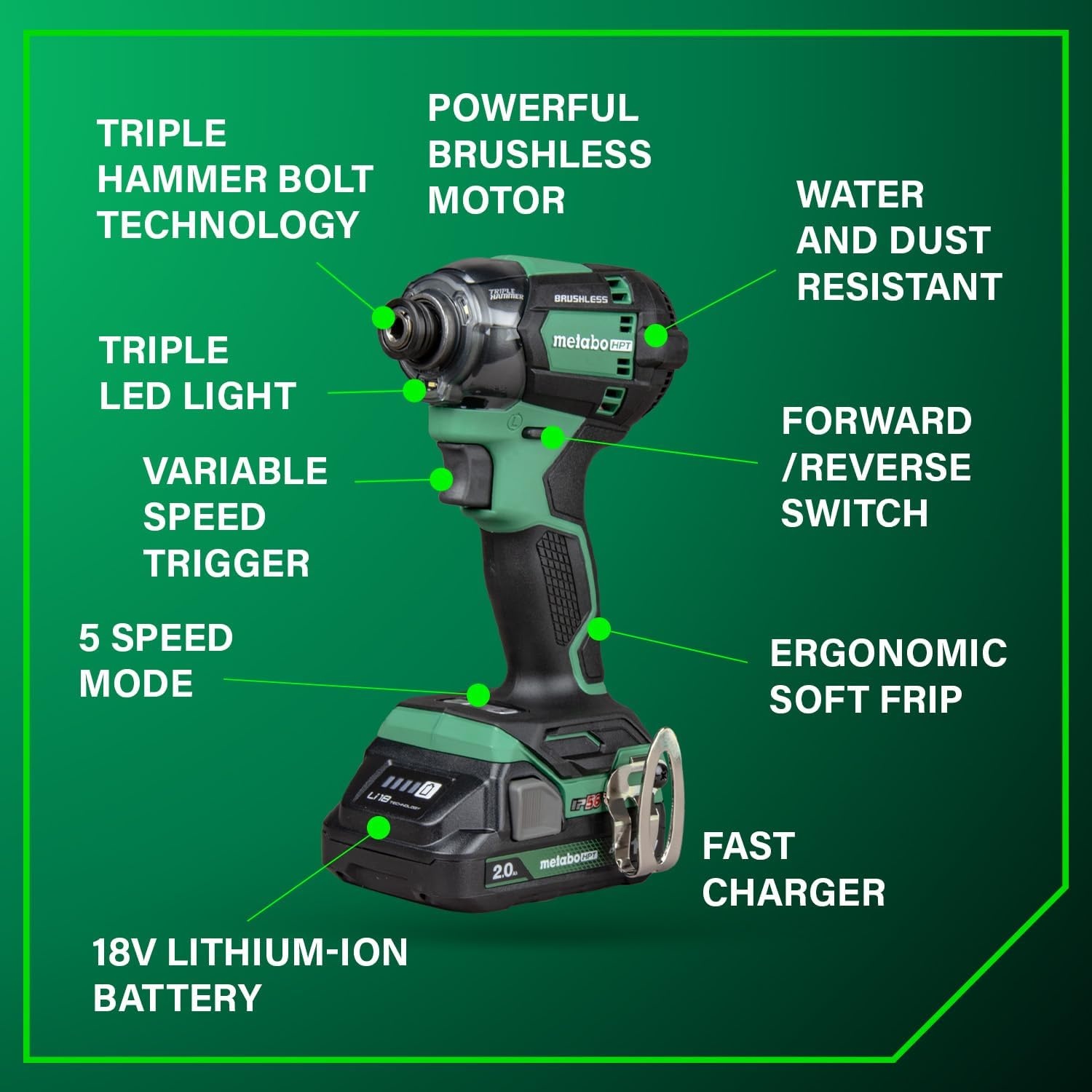 Metabo HPT 18V MultiVolt Cordless Triple Hammer BOLT Impact Driver Set, Power Impact Driver Kit with Case, 2 Lithium-Ion Batteries and Charger, 1/4-Inch Chuck, Compact LightWeight Power Tool, WH18DC(WH18DC (Next Gen Model))